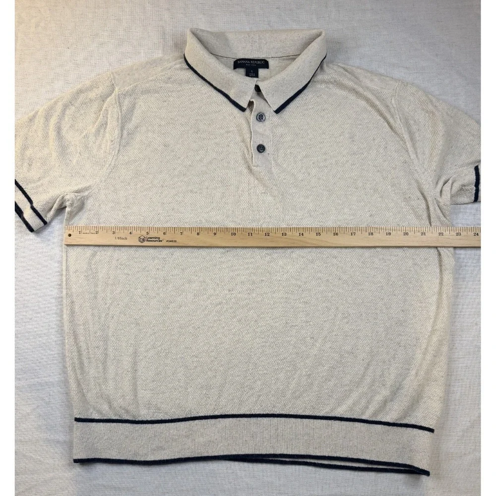 Banana Republic Mens Large Beige Silk Linen Knit Short Sleeve Polo Shirt
